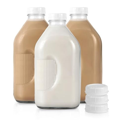 Stock Your Home Half Gallon Glass Milk Bottle with Lid (3 Pack) 64 Oz Jugs and 6 White Caps, Reusable Food Grade Milk Container for Refrigerator, Bottles for Juice, Oat or Plant Milks, Water, Honey - size: 64 oz