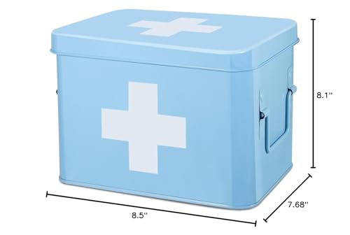 Flexzion Large Metal First Aid Box Empty, 8.5-Inch, Blue with White Cross - color: Blue, size: 8.5 Inch without Latch Lock