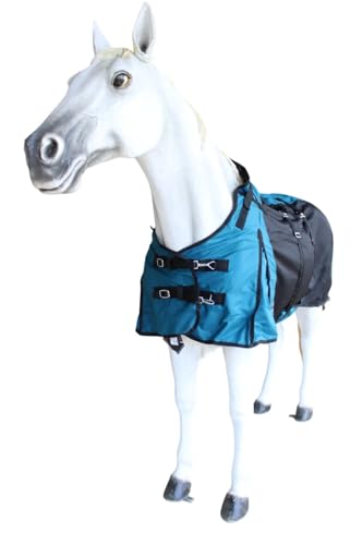 Challenger Horse 1200D Turnout Sheet Waterproof, Breathable, Light-Weight Rain Blanket with Bellyband, Ripstop Outer Shell 3EE12B - color: Teal Black, size: 64 inches