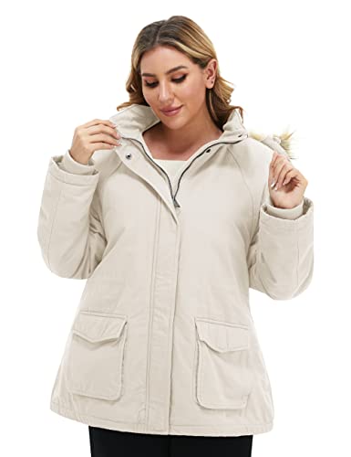 Soularge Women's Winter Plus Size Sherpa Lined Jacket with Hood | Women's Plus Size Workwear Fit,100% Cotton Outer Shell,Soft Fleece Lining,Windproof Stand Collar - color: Beige, size: 1X