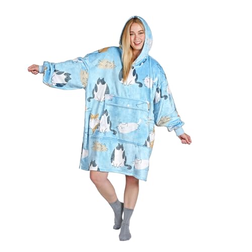 Catalonia Oversized Blanket Hoodie, Cat Print Fleece Wearable Blanket - color: Cat Blue