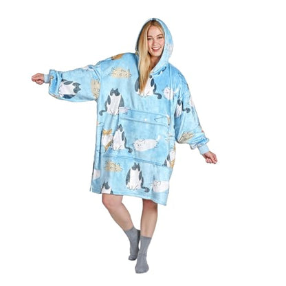 Catalonia Oversized Blanket Hoodie, Cat Print Fleece Wearable Blanket - color: Cat Blue