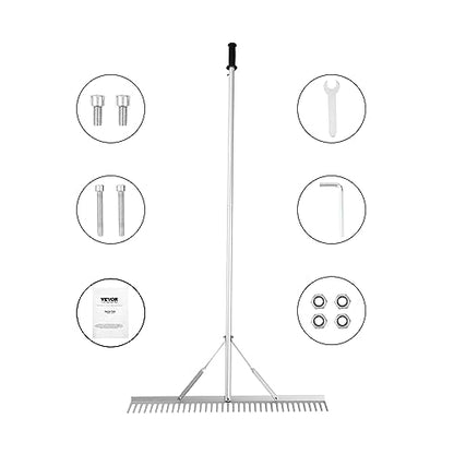 VEVOR Landscape Rake 36" Head Aluminum Landscape Rake 75" Long Handle | For Loosening Soil, Lawn Care, Weeding Lake, Garden, Extended Cleaning Reach, Effortless 3-Step Setup, Durable and Waterproof - size: 75 inch