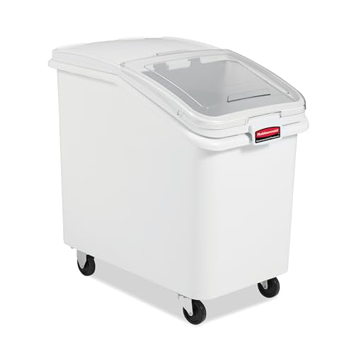 Rubbermaid Commercial Products ProSave Shelf-Storage Ingredient Bin With Scoop, 600-Cup capacity, Plastic, White, Sliding Lid, Container with Wheels for Kitchen/Restaurant Food Organization - size: 600 Cup
