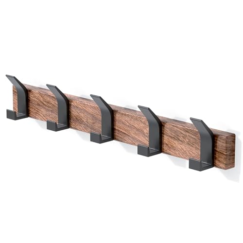 17 Inch Black Walnut Wood Wall Mounted Coat Rack with 4 Black L Hooks, Adhesive Mounted Entryway Hooks, Modern Natural Wooden Pegs for Hanging Coat Clothes Hat Bag Purse Key and Towel - color: Coat Rack with 5 L Hooks