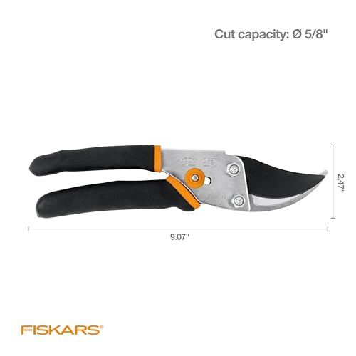 Fiskars Bypass Pruning Shears, 5/8" Cut Capacity Garden Clippers | Self-Cleaning Sap Groove Prevents Sticking, Non-Slip Grip for Cutting Stems & Branches, Steel Blades w/ Low-Friction Coating - style: Bypass Pruner