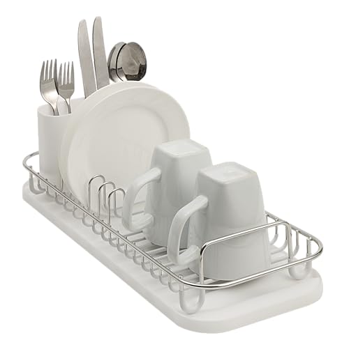 SunnyPoint 304 Stainless Steel NeverRust Compact Dish Drying Rack with Utensil Holder & Removable Drain Tray, Rustproof Small Dish Rack for Kitchen Countertop or Over Sink (Metallic Silver, Compact) - color: Metallic Silver