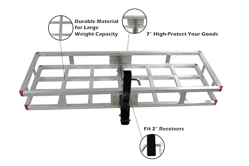 60 x 20 x7 Aluminum Cargo Carrier Hitch Mount | 500lb Heavy Duty Folding Luggage Rack - Powder Coated 2" Angled Shank for Ground Clearance - Rustproof Vehicle Cargo Basket for SUV & Truck Storage - color: Aluminum 60x20x7 inch