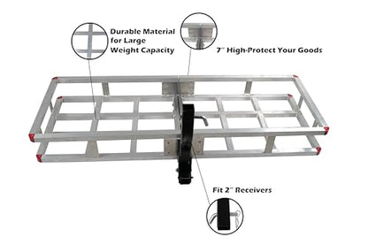 60 x 20 x7 Aluminum Cargo Carrier Hitch Mount | 500lb Heavy Duty Folding Luggage Rack - Powder Coated 2" Angled Shank for Ground Clearance - Rustproof Vehicle Cargo Basket for SUV & Truck Storage - color: Aluminum 60x20x7 inch