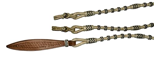 Natural & Black Knots Raw Hide Leather Horse Tack Hand-Braided Romal Romel Reins Hand Made Reins-8.5 Ft Rein, 52' Romel