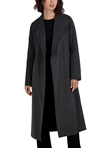 TAHARI Women's Slim Fit Double-faced Soft Wool Blend Wrap Coat With Tie Belt – Long Wool Coat - color: Charcoal, size: Small