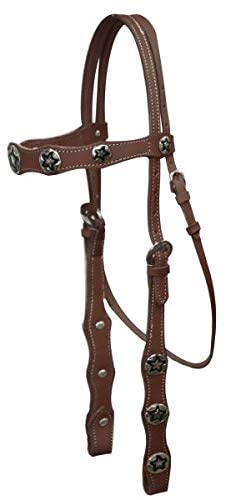 Double Stitched Leather Browband Headstall w/Silver Star Conchos & Reins