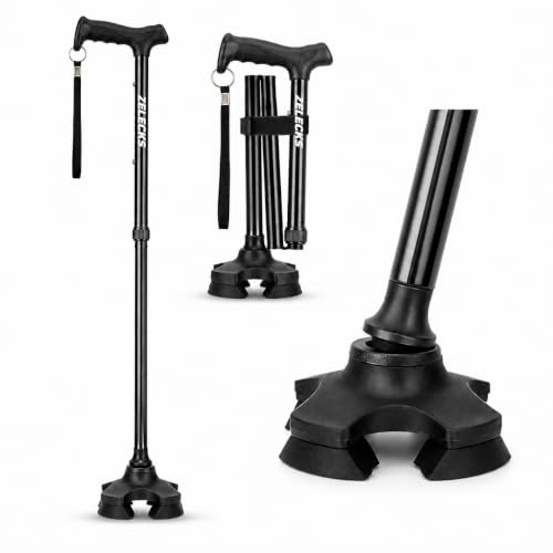 ZELECKS Walking Cane for Women & Men - Self Standing Adjustable Folding Cane with T Handle and 360 Pivot Base - Lightweight Foldable Walking Stick for Seniors - Collapsible Cane for Walking - color: Black
