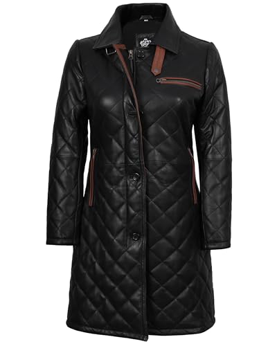 fjackets Lambskin Stylish Leather Car Coats for Womens - Real Long Leather Jacket Women Casual Leather Coat Women Outerwear - color: Glen Quilted Black Women's Leather Coat, size: Medium