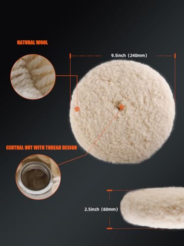 SPTA 9" (230mm) Wool Buffing Pad, Double Side 100% Natural Wool Pad with 5/8-11 Thread for 2-Sided Compound Cutting and Polishing for Automotive, Marine and Epoxies - size: 9 inch (230 mm)