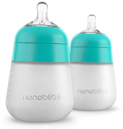 Nanobébé Flexy Silicone Baby Bottle, Anti-Colic, Natural Feel, Non-Collapsing Nipple, Non-Tip Stable Base, Easy to Clean 2-Pack, Teal, 9oz - color: Teal, style: 9oz, 2-Pack