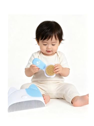 Baby Hair Brush Set, Natural Soft Goat Hair Brush and Comb for Newborn Toddler, Blue