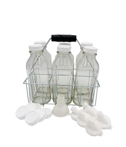 The Dairy Shoppe Heavy Glass Milk Bottles - Extra Lids, Silicone Pour Spouts, Silicone Funnel - Clear Milk Containers - Reusable - Wire Carrier - Made in USA (Liter 6 Cell Carrier Combo)