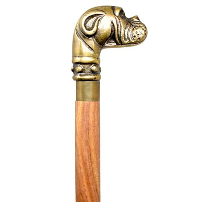 Vintage Walking Cane, Canes for Women, Wooden Stick with Boxer Dog Head Handle, Antique Bronze Finish, Shillelagh Cain