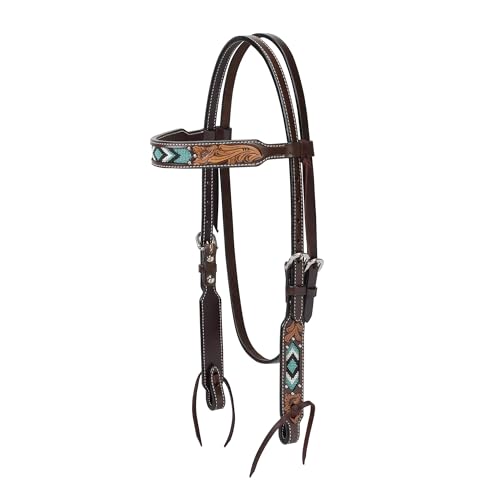 Weaver Equine Turquoise Diamond Beaded Horse Headstall, Leather Headstalls for Horses for Trail Riding, Durable Equine Supplies, Dark Oil