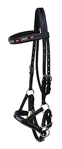 Horse Western Leather Tack Beaded Bitless Sidepull Bridle Reins 77RT17 - color: Black/Beaded