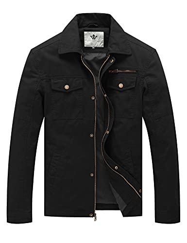WenVen Men's Casual Canvas Cotton Military Lapel Jacket - color: Black, size: Small