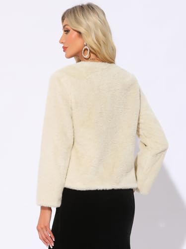 Allegra K Winter Faux Fur Coat Jacket for Women Long Sleeve Pockets Pearl Button Fluffy Cropped Cardigan Outerwear - color: Beige, size: Medium