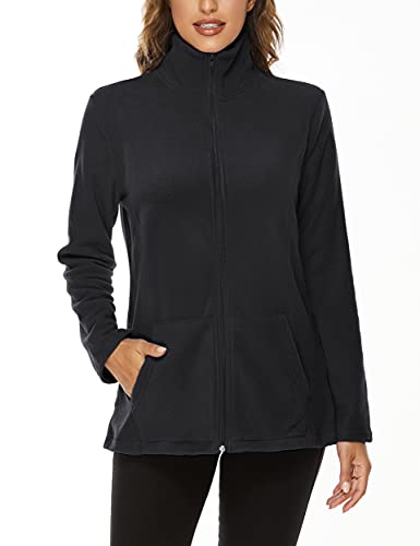 Hibelle Women's Outdoor Full-Zip Thermal Fleece Jacket with Pockets - color: 201-black, size: Large