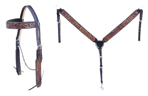 CHALLENGER Horse Western Leather Tooled Headstall Bridle Breast Collar Tack Set 78HRBrowbandSet - color: Brown Tan Tooling