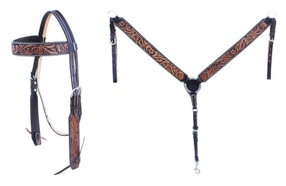 CHALLENGER Horse Western Leather Tooled Headstall Bridle Breast Collar Tack Set 78HRBrowbandSet - color: Brown Tan Tooling