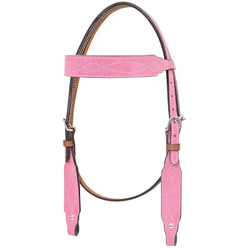CIRCLE Y Marfa Lights Suede Browband Headstall | Double Ply Western Headstall with Suede Overlay, White Stitching & Stainless Steel Hardware | 35"- 43" Adjustable Fit - color: Pink