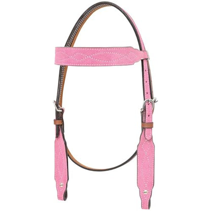 CIRCLE Y Marfa Lights Suede Browband Headstall | Double Ply Western Headstall with Suede Overlay, White Stitching & Stainless Steel Hardware | 35"- 43" Adjustable Fit - color: Pink