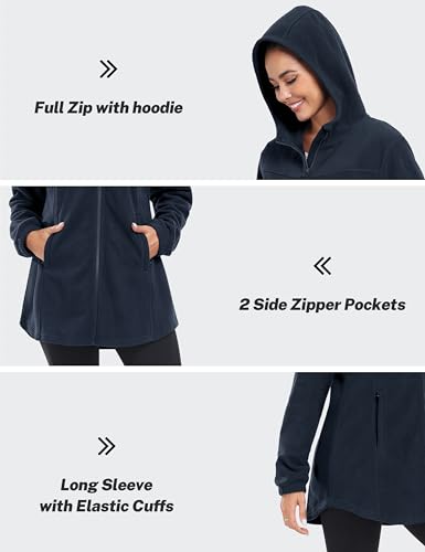 MoFiz Womens Long Soft Polar Fleece Jacket Full Zip with Hood - color: Jacket-navy Blue, size: Medium