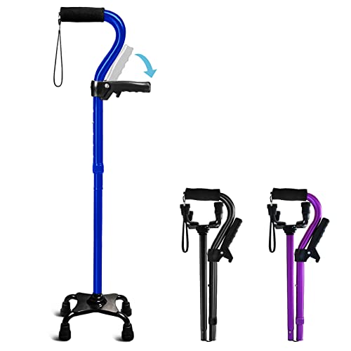 Adjustable Walking Cane for Men & Women with 4-Pronged Base for Extra Stability - Foldable Cane for Seniors with Foam Padded Offset Handle for Soft Grip & a Second Handle for Standing - color: Blue