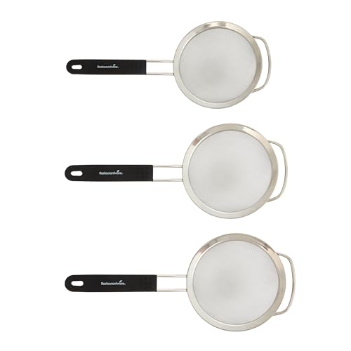 Restaurantware Fine Mesh Strainer Set of 3 Different Sizes with Silicone Handle Stainless Steel Extra Fine Mesh Strainer Heat-Resistant Handle Dishwasher-Safe for Rice, Quinoa, Pasta - size: Standard, Extra Fine Mesh-3-Piece Set