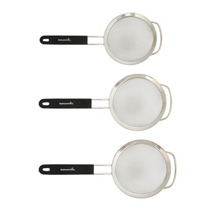 Restaurantware Fine Mesh Strainer Set of 3 Different Sizes with Silicone Handle Stainless Steel Extra Fine Mesh Strainer Heat-Resistant Handle Dishwasher-Safe for Rice, Quinoa, Pasta - size: Standard, Extra Fine Mesh-3-Piece Set