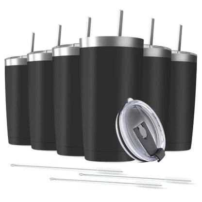 6 Pack 20 oz Stainless Steel Insulated Tumbler with Straw and Lid, Double Wall Travel Coffee Mug Vacuum Insulated Bulk Tumbler Set of 6, Suitable for Vehicle Cup Holders - color: Black, size: 6 Count (Pack of 1)