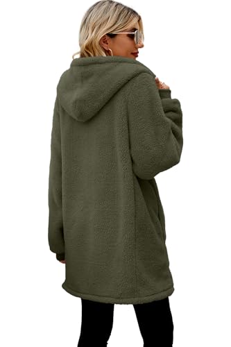 ReachMe Womens Fleece Zip Up Jacket with Pockets Oversized Long Sherpa Hoodie Fuzzy Jackets Warm Teddy Coat - color: 01 Army Green, size: Large