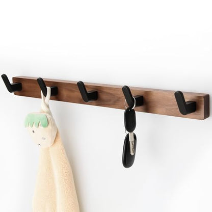 17 Inch Walnut Wood Wall Mounted Coat Rack with 5 Black Hooks, Adhesive Mounted Entryway Hooks, Modern Natural Wooden Pegs for Hanging Coat Clothes Hat Bag Purse Key and Towel - color: Coat Rack with 5 Hooks
