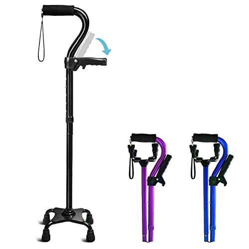 Adjustable Walking Cane for Men & Women with 4-Pronged Base for Extra Stability - Foldable Cane for Seniors with Foam Padded Offset Handle for Soft Grip & a Second Handle for Standing - color: Black