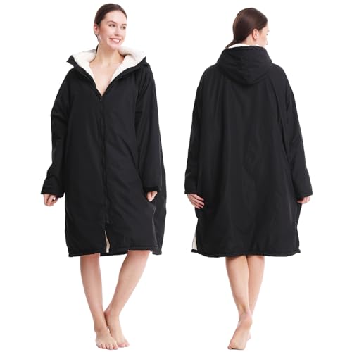 Oksun Waterproof Swim Parka: Windproof Sherpa Fleece Lined Surf Poncho - color: Sherpa Lining, Black