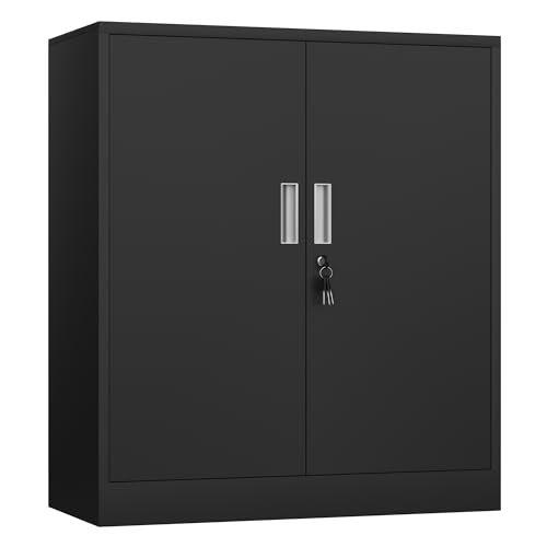 Metal Storage Cabinet with Locking Doors and 2 Adjustable Shelves, Small Lockable Steel Storage Cabinets for Home Office Garage Kitchen Pantry (Black) - color: Black, size: 36.22"H