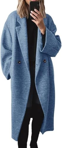 SAUKOLE Womens Winter Pea Coat Notch Lapel Double Breasted Wool Blend Oversized Overcoat with Pockets - color: 12#blue, size: Medium