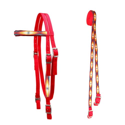 Tahoe Tack Overlay Printed Nylon Western Browband Headstall with Matching Split Reins 1 Year Warranty - color: Red Aztec, size: Mini