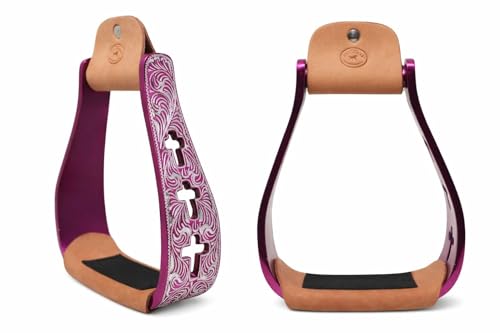 CHALLENGER Western Show Horse Saddle Stirrups Aluminum Leather Tread Cross Engraved 5145v - color: Pink with genuine Leather Tread