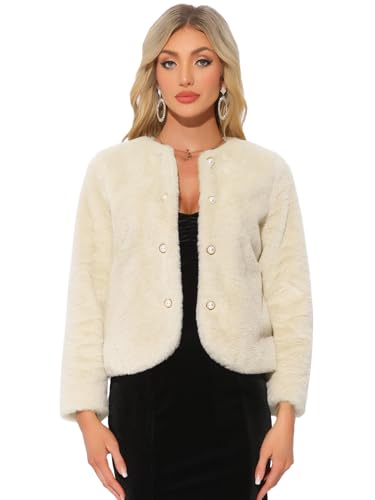 Allegra K Winter Faux Fur Coat Jacket for Women Long Sleeve Pockets Pearl Button Fluffy Cropped Cardigan Outerwear - color: Beige, size: Medium