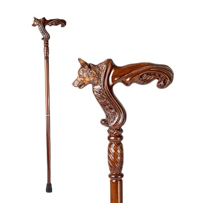Hand Carved Wooden Walking Cane with Ergonomic Handle and Rubber Tip for Men and Women - Fashionable Unique Walking Stick for Seniors - 37 inch - style: Wolf