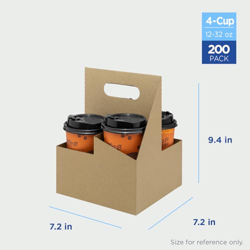 Karat Paperboard Drink Carrier with Handle [200ct] - Sturdy Kraft Coffee Cup Carrier for Hot/Cold Beverages, Fits 12-32 oz Cups - Eco-Friendly, Disposable To-Go Drink Holder (4-Cup) - size: 4-Cup