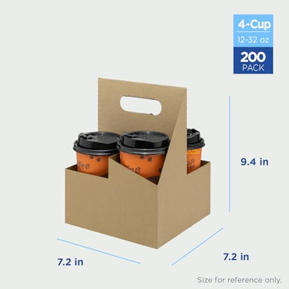 Karat Paperboard Drink Carrier with Handle [200ct] - Sturdy Kraft Coffee Cup Carrier for Hot/Cold Beverages, Fits 12-32 oz Cups - Eco-Friendly, Disposable To-Go Drink Holder (4-Cup) - size: 4-Cup