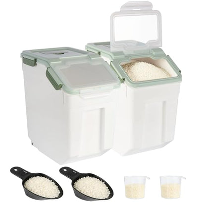 2 Pack Rice Container 25 lbs Large Bulk Flour Sugar Storage Holdhouse Plastic Grain Cereal Dry Goods Bin with Spoon and Measuring Cup for Kitchen Pantry Organization - Green - color: Green, 2 Pack